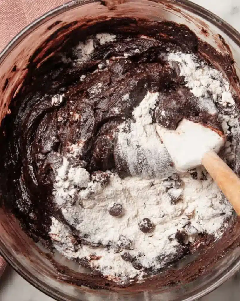 Brownie Recipe (Best Fudgy & Chewy Brownies Ever) 5 Folding flour into chocolate brownie batter with spatula