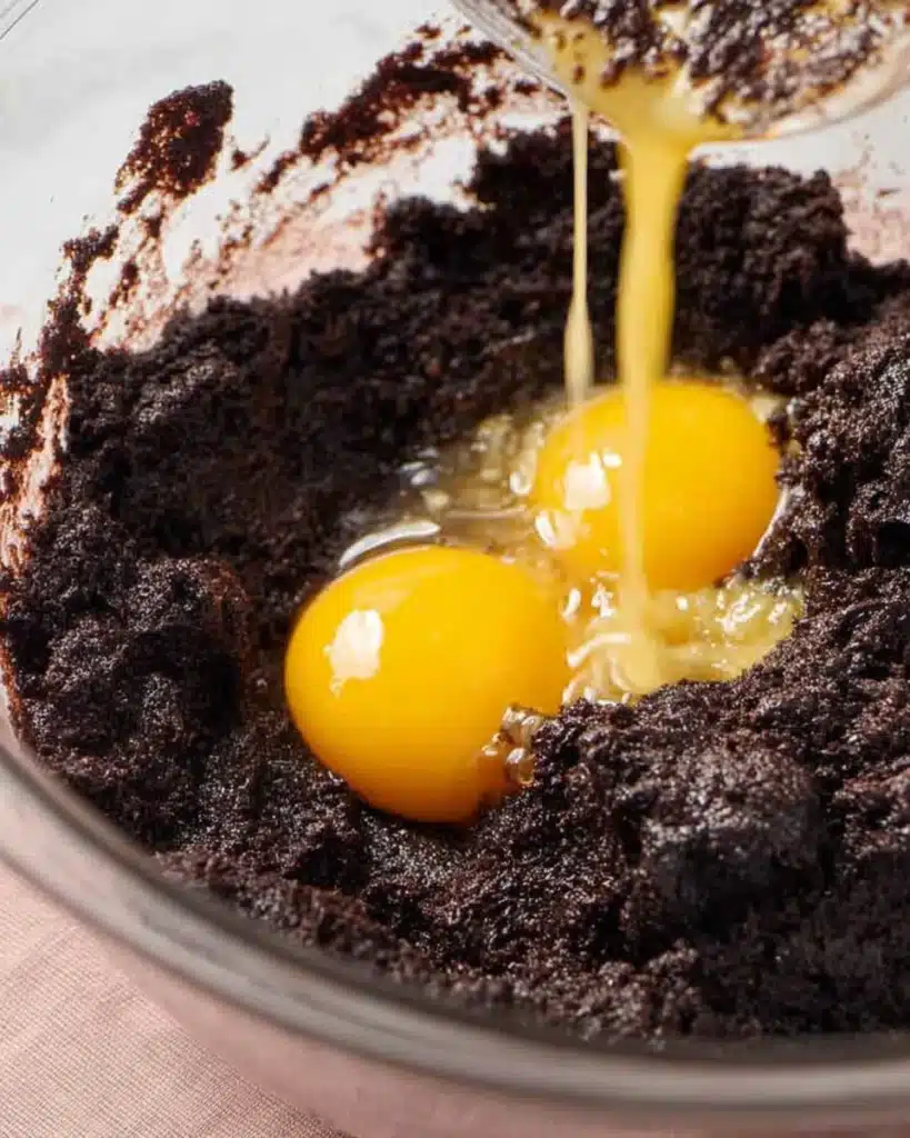 Brownie Recipe (Best Fudgy & Chewy Brownies Ever) 3 Pouring eggs into chocolate batter for brownie recipe