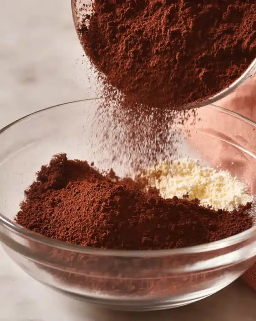 Brownie Recipe (Best Fudgy & Chewy Brownies Ever) 2 Pouring cocoa powder into mixing bowl for brownie recipe