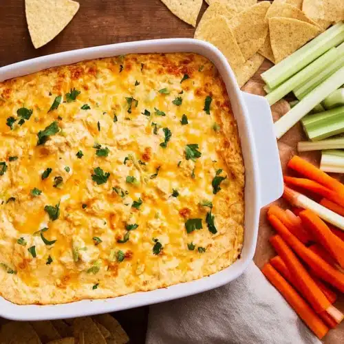 Buffalo Chicken Dip Recipe (Easy, Creamy & Crowd-Pleasing) 4 Buffalo chicken dip with melted cheddar and parsley in white baking dish