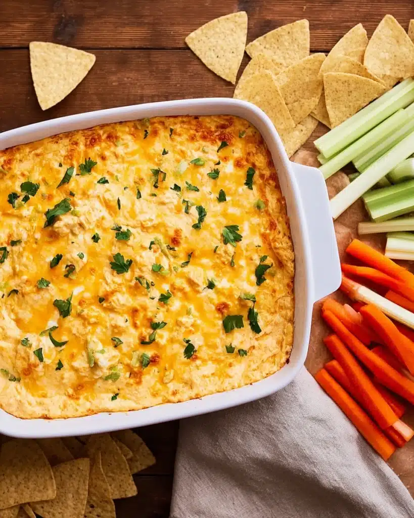 Buffalo Chicken Dip Recipe (Easy, Creamy & Crowd-Pleasing) 1 Buffalo chicken dip with melted cheddar and parsley in white baking dish