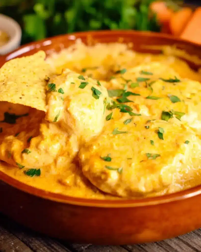 Buffalo Chicken Dip Recipe (Easy, Creamy & Crowd-Pleasing) 2 Buffalo chicken dip being scooped with tortilla chip in rustic bowl