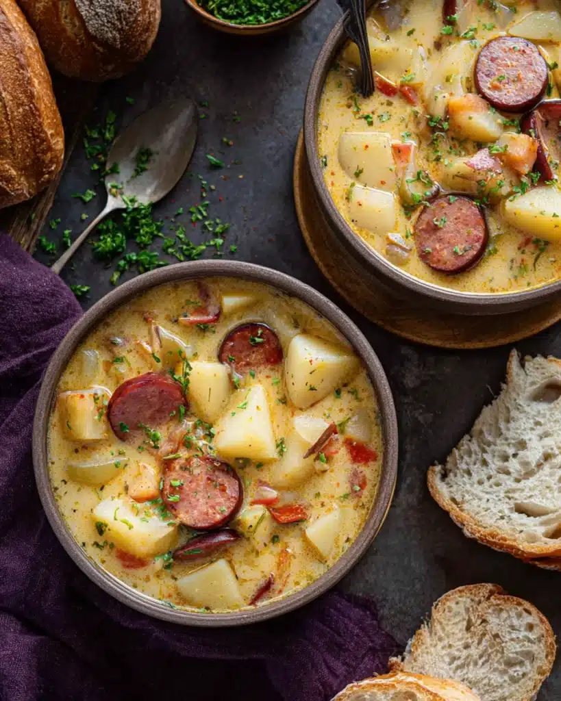 Cajun Potato Soup 1 Cajun potato soup with sausage and potatoes in creamy golden broth