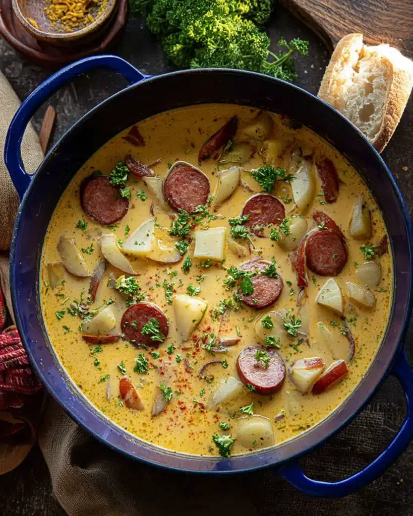 Cajun Potato Soup 7 Finished Cajun potato soup with sausage and potatoes in a Dutch oven
