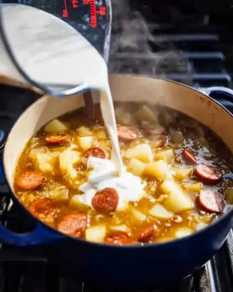 Cajun Potato Soup 5 Pouring cream into simmering Cajun potato soup with sausage and potatoes