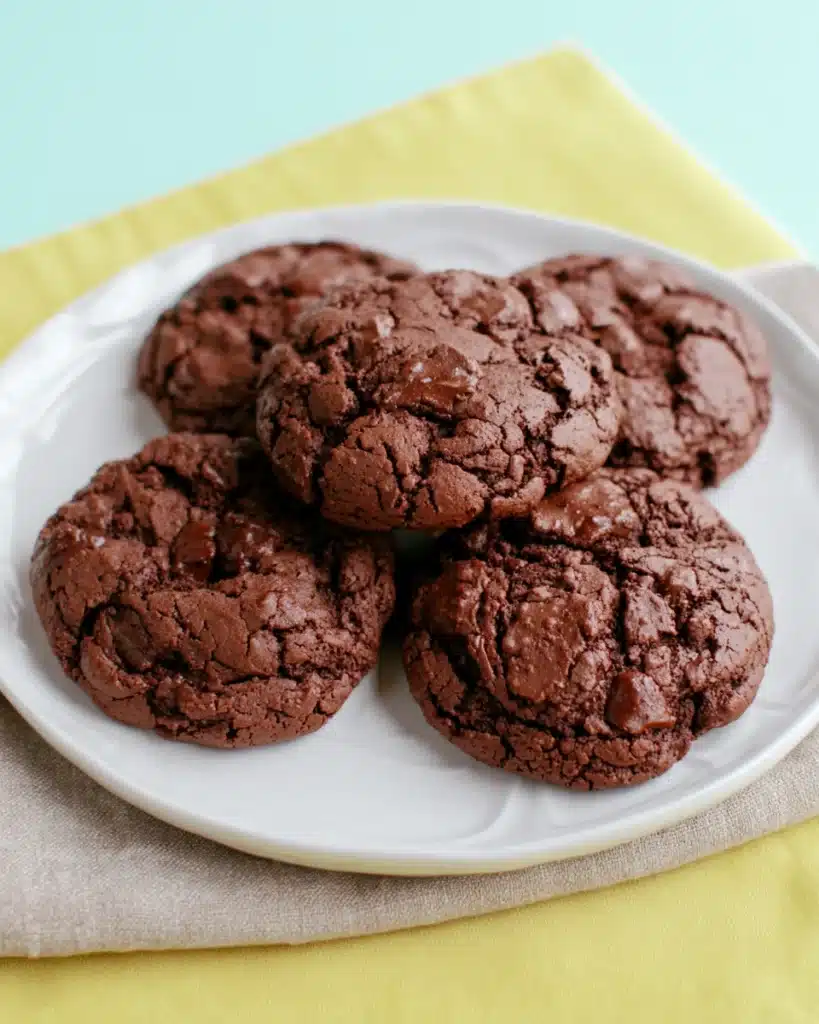 Cake Mix Cookies – The Easiest 3-Ingredient Dessert Ever! 1 Chocolate cake mix cookies on a white plate with chocolate chips and a bright background