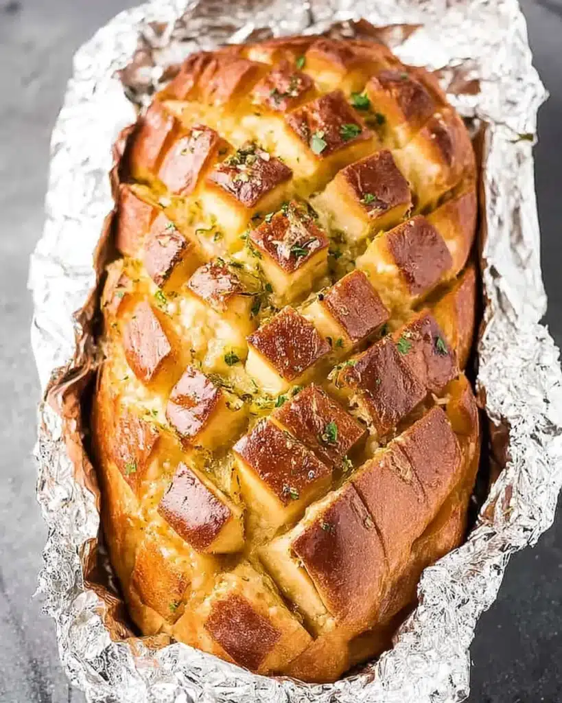 Cheese and Garlic Crack Bread (Pull Apart Bread) Recipe for Thanksgiving 2 Cheese and garlic crack bread baked in foil with golden crust