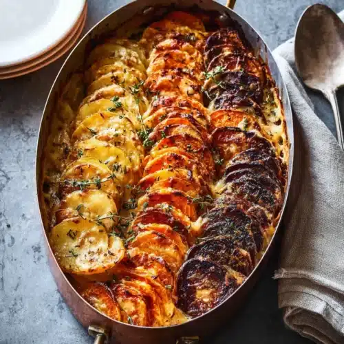 Cheesy Root Vegetable Gratin 5 Cheesy root vegetable gratin with golden crispy layers in a copper baking dish