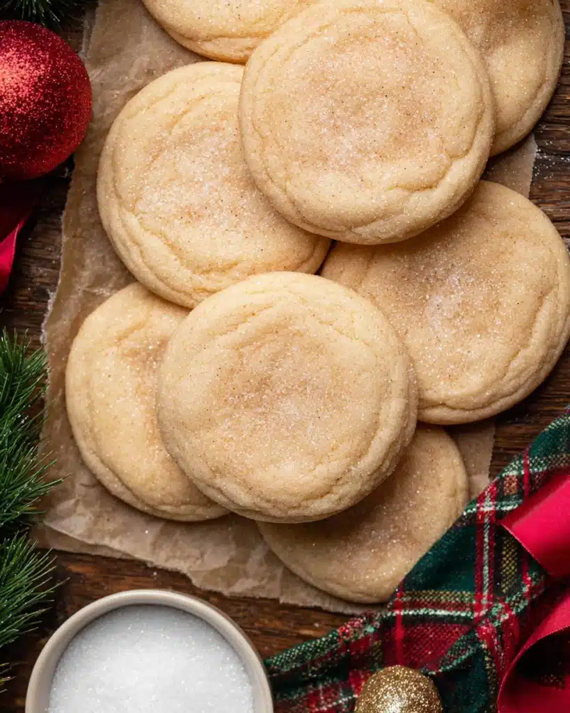 Chewy Sugar Cookies 2 Chewy sugar cookies on parchment with red ribbon and Christmas ornaments