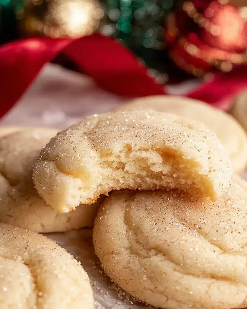 Chewy Sugar Cookies 1 Chewy sugar cookies with sugar dusting and a bite taken out on parchment paper