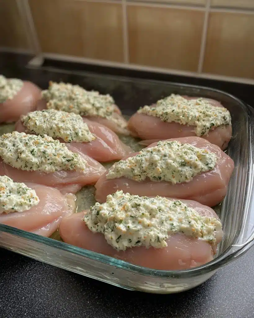 Chicken Breast Recipe: Juicy, Creamy, and Absolutely Easy 2 Raw chicken breasts topped with creamy Parmesan mixture in glass baking dish