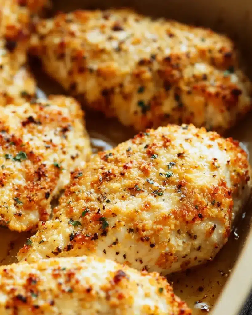Chicken Breast Recipe: Juicy, Creamy, and Absolutely Easy 3 Juicy baked chicken breasts with golden Parmesan crust and herbs in pan