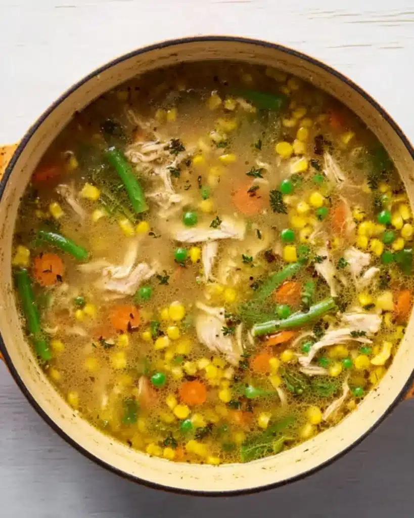 Chicken Vegetable Soup 7 Chicken vegetable soup simmering with carrots, corn, and green beans in a pot