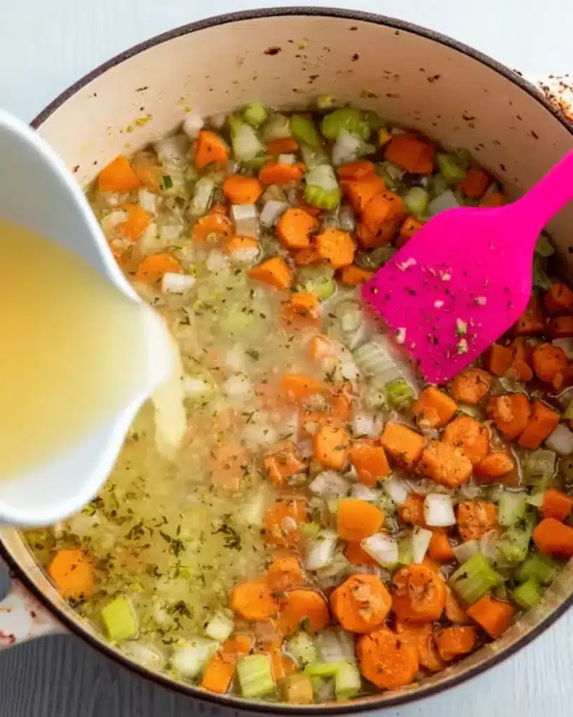 Chicken Vegetable Soup 5 Pouring chicken broth over sautéed carrots, celery, and onions in a pot