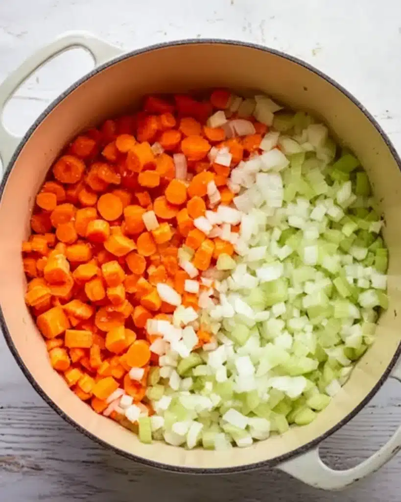 Chicken Vegetable Soup 4 Chopped carrots, onions, and celery in a pot for chicken vegetable soup
