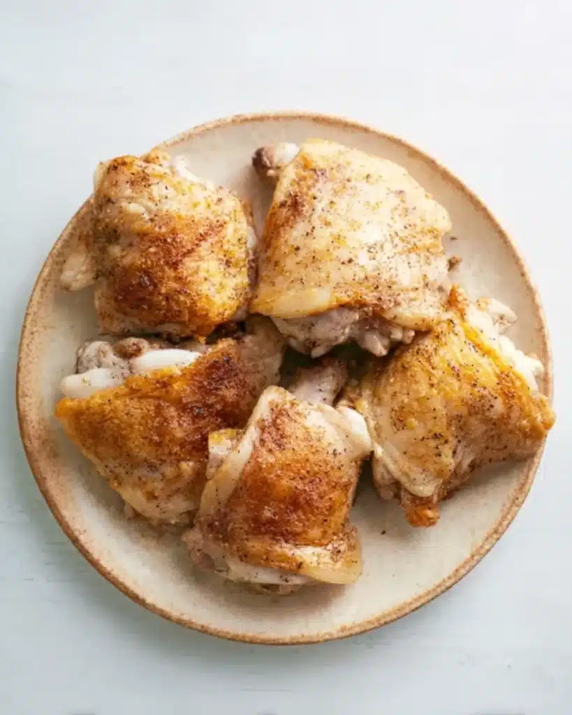 Chicken Vegetable Soup 3 Seared chicken thighs on a ceramic plate for chicken vegetable soup