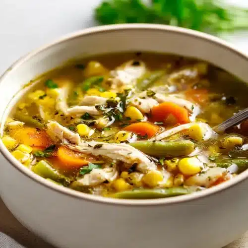 Chicken Vegetable Soup 8 Homemade chicken vegetable soup with carrots, corn, and green beans in a rustic ceramic bowl