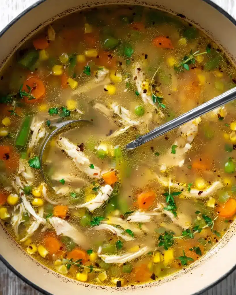 Chicken Vegetable Soup 2 Chicken vegetable soup simmering in a pot with carrots, corn, and green beans