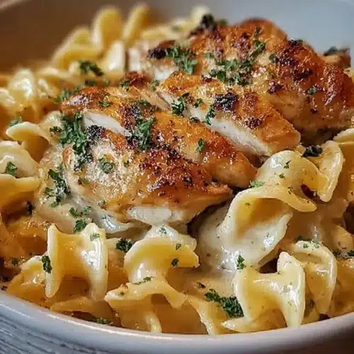 Chicken with Buttered Noodles Recipe 3 Chicken with Buttered Noodles over creamy buttered noodles, garnished with fresh parsley in a white bowl.
