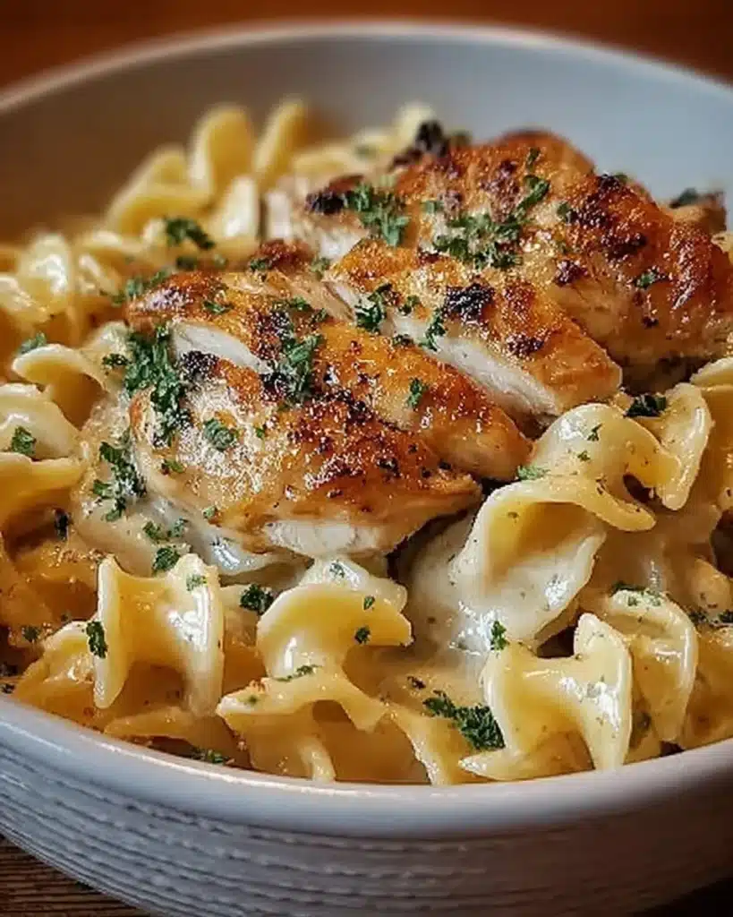 Chicken with Buttered Noodles Recipe 1 Chicken with Buttered Noodles over creamy buttered noodles, garnished with fresh parsley in a white bowl.
