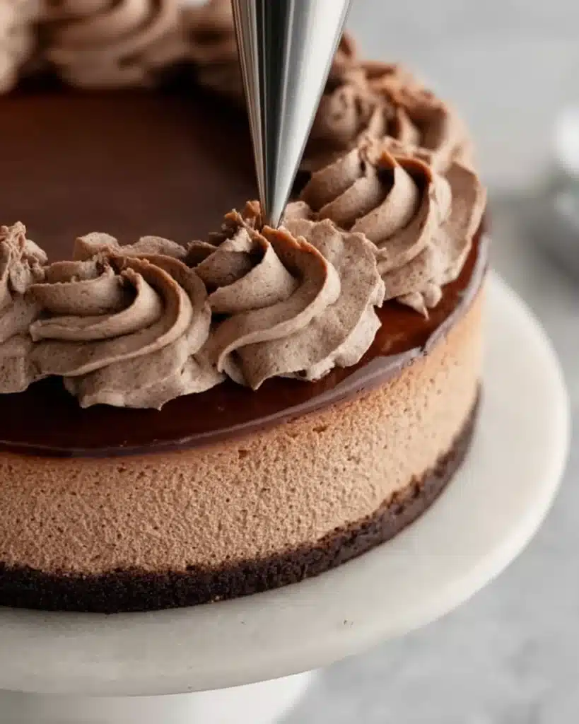 Chocolate Cheesecake 5 Piping chocolate whipped cream swirls on chocolate cheesecake