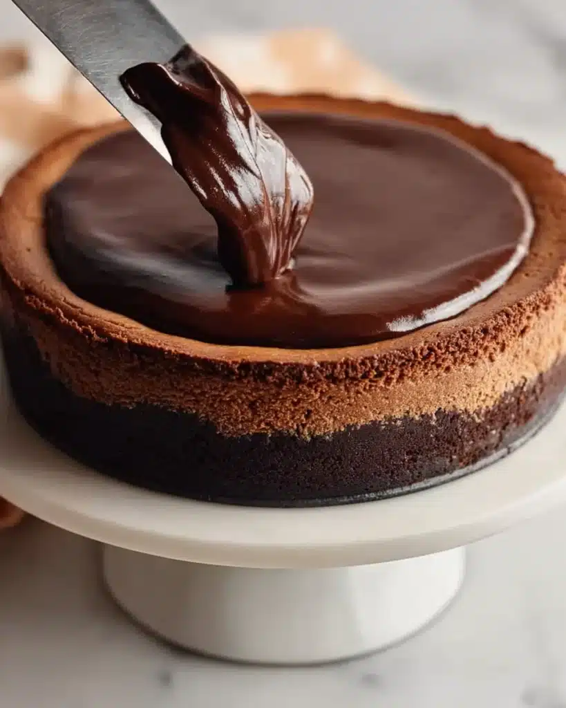 Chocolate Cheesecake 4 Spreading glossy chocolate ganache over baked cheesecake