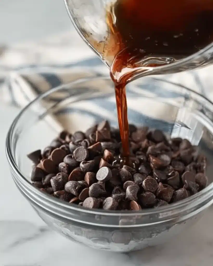 Chocolate Cheesecake 2 Pouring hot coffee over chocolate chips for cheesecake batter