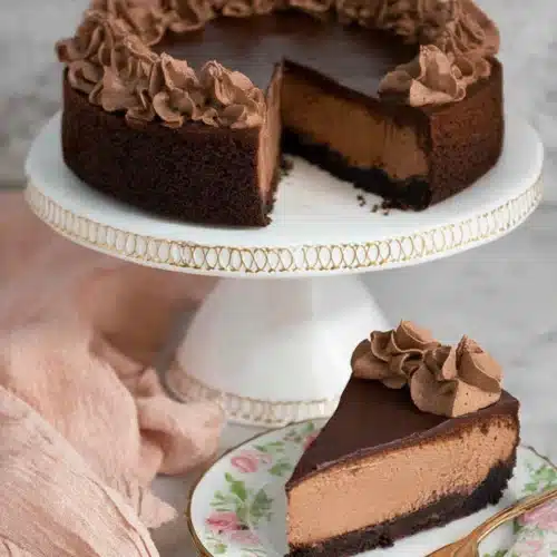Chocolate Cheesecake 7 Rich chocolate cheesecake with glossy ganache and whipped cream on cake stand