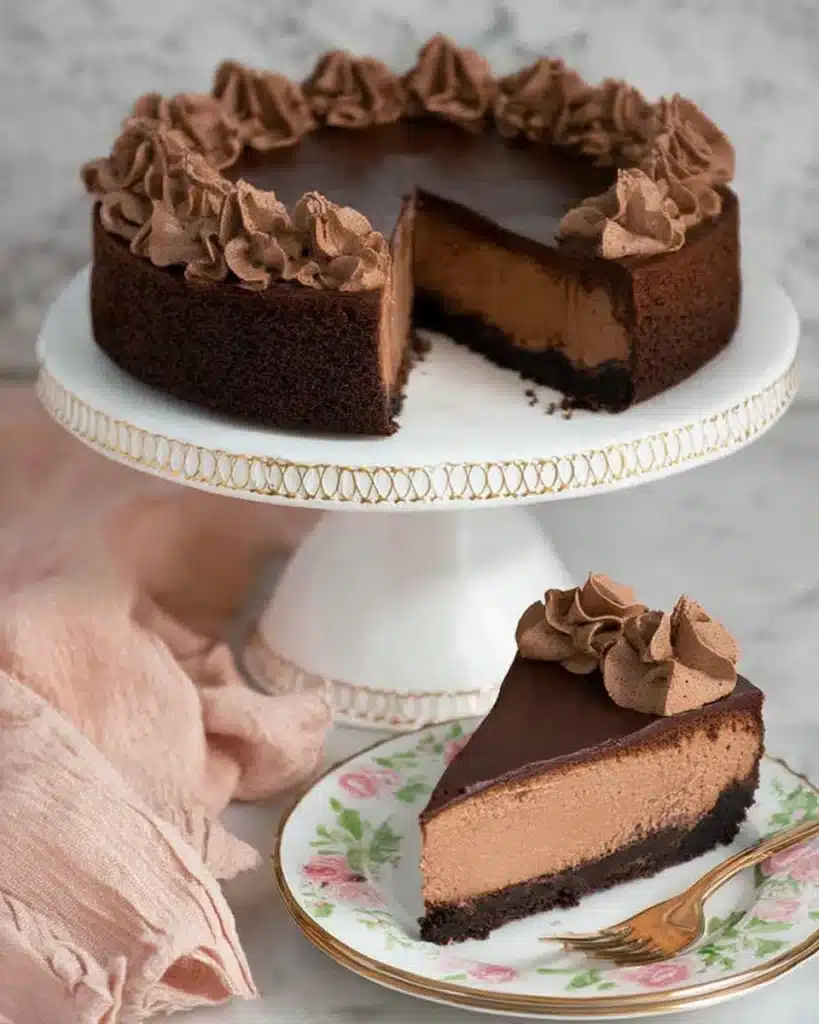 Chocolate Cheesecake 1 Rich chocolate cheesecake with glossy ganache and whipped cream on cake stand