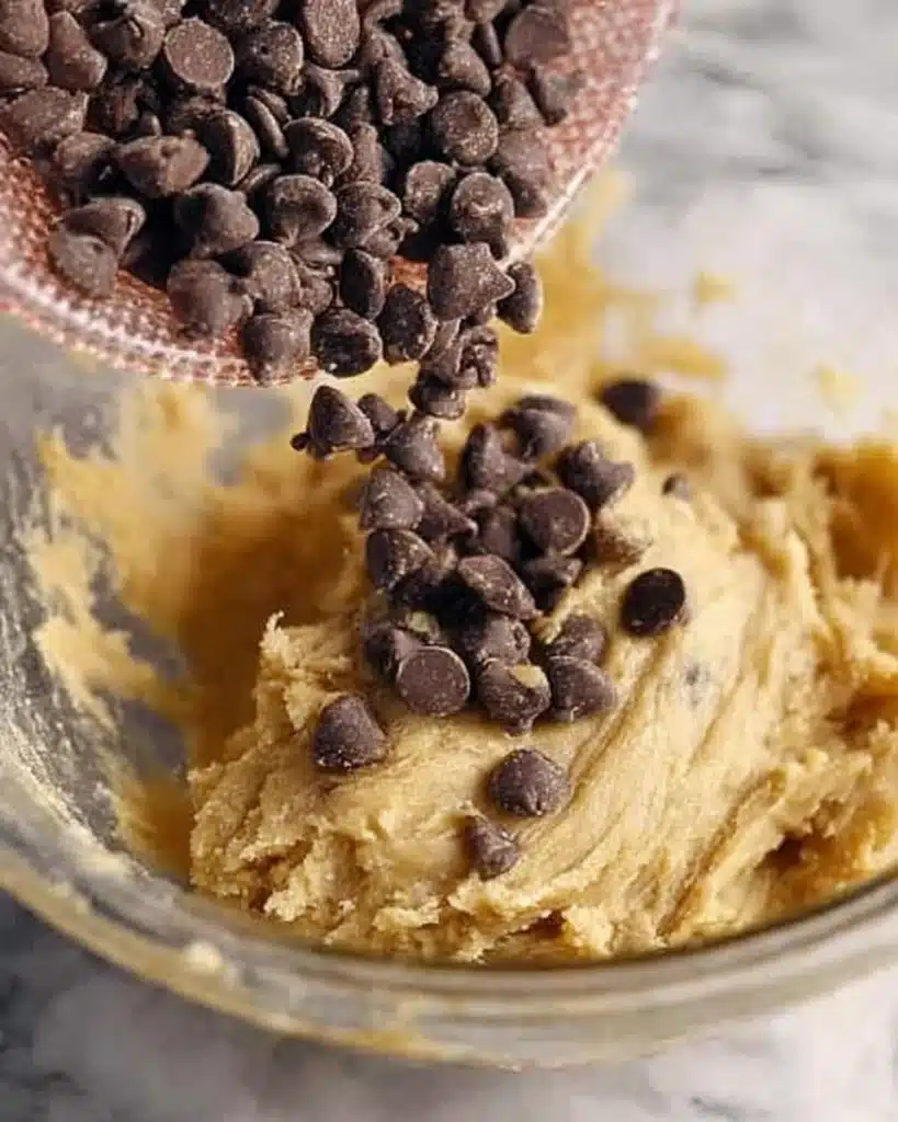 Chocolate Chip Cookie Bars – Soft, Chewy, and Totally Irresistible 2 Pouring chocolate chips into cookie dough for chocolate chip cookie bars