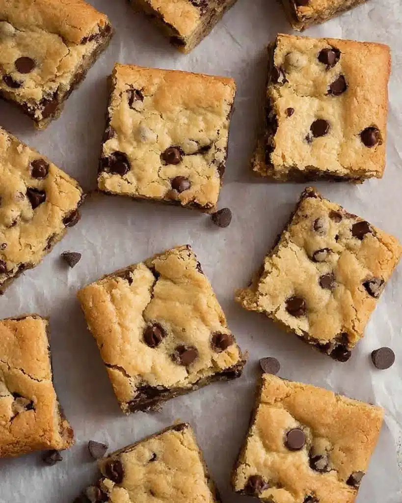 Chocolate Chip Cookie Bars – Soft, Chewy, and Totally Irresistible 4 Overhead view of golden chocolate chip cookie bars on parchment paper