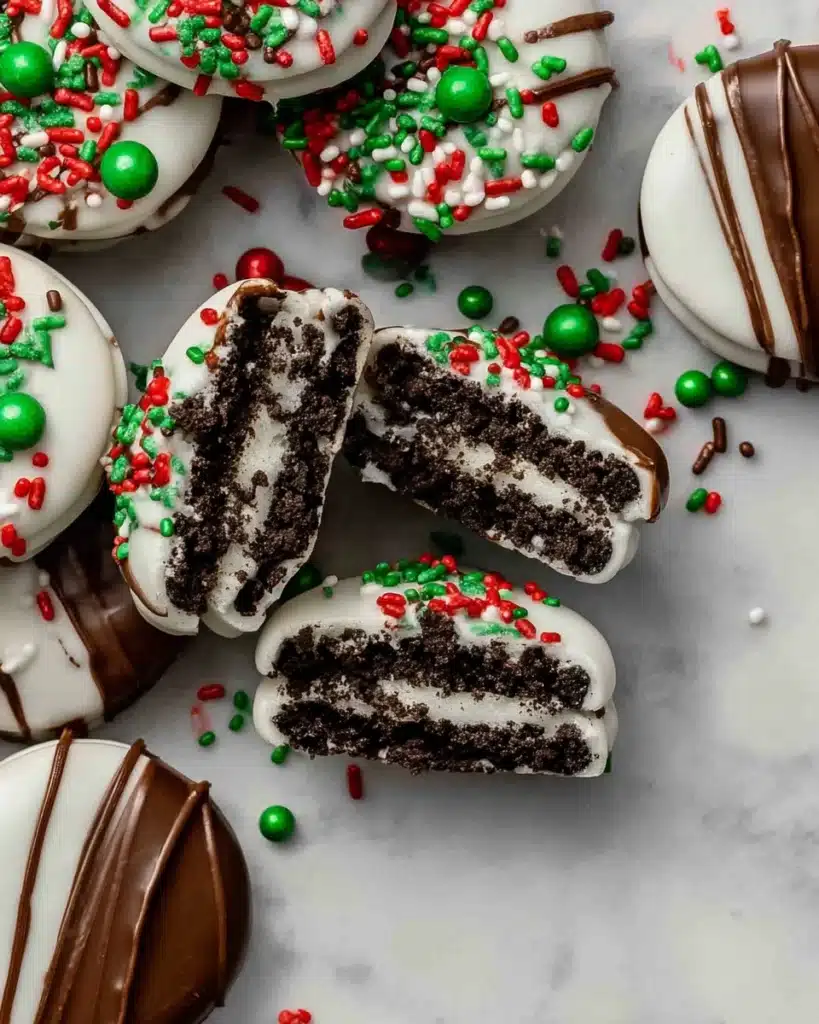 Chocolate Covered Oreos: Easy No-Bake Christmas Treats 7 Inside view of chocolate covered Oreos with festive sprinkles