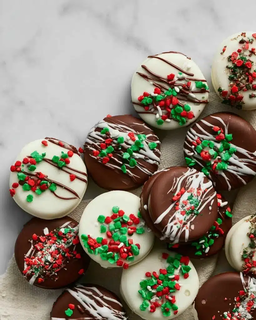 Chocolate Covered Oreos: Easy No-Bake Christmas Treats 6 Holiday chocolate covered Oreos with festive red and green sprinkles