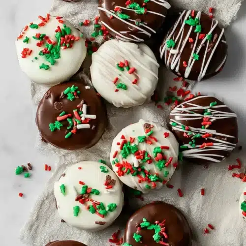 Chocolate Covered Oreos: Easy No-Bake Christmas Treats 8 Festive chocolate covered Oreos with holiday sprinkles and white drizzle