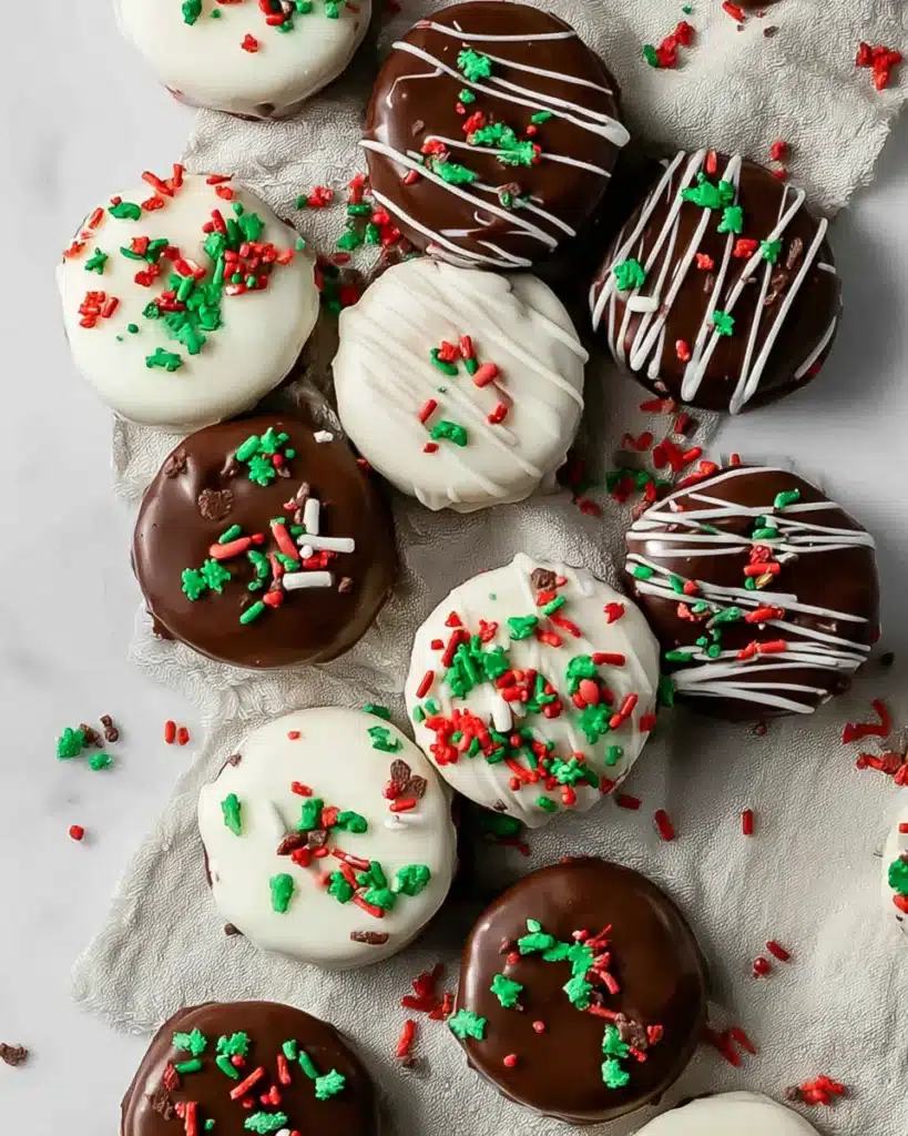Chocolate Covered Oreos: Easy No-Bake Christmas Treats 1 Festive chocolate covered Oreos with holiday sprinkles and white drizzle
