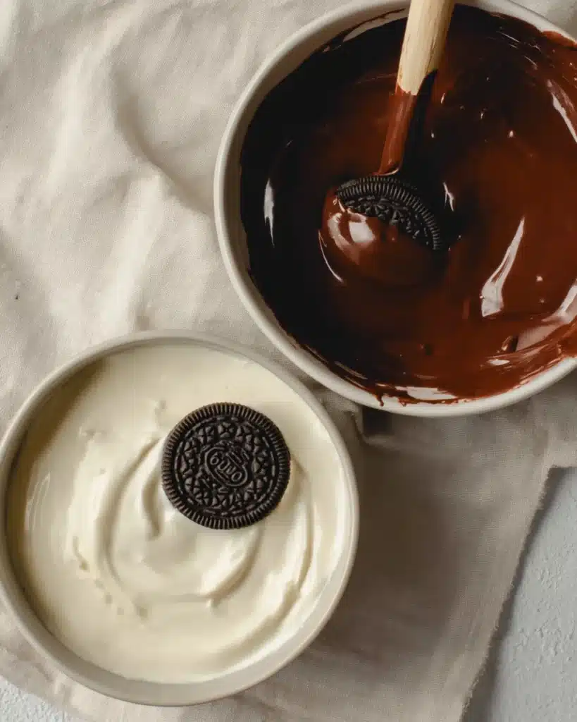 Chocolate Covered Oreos: Easy No-Bake Christmas Treats 3 Oreo cookie being dipped in melted dark chocolate for coating