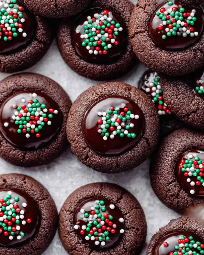 Chocolate Thumbprint Cookies 4 Close-up of chocolate thumbprint cookies with glossy ganache and holiday sprinkles
