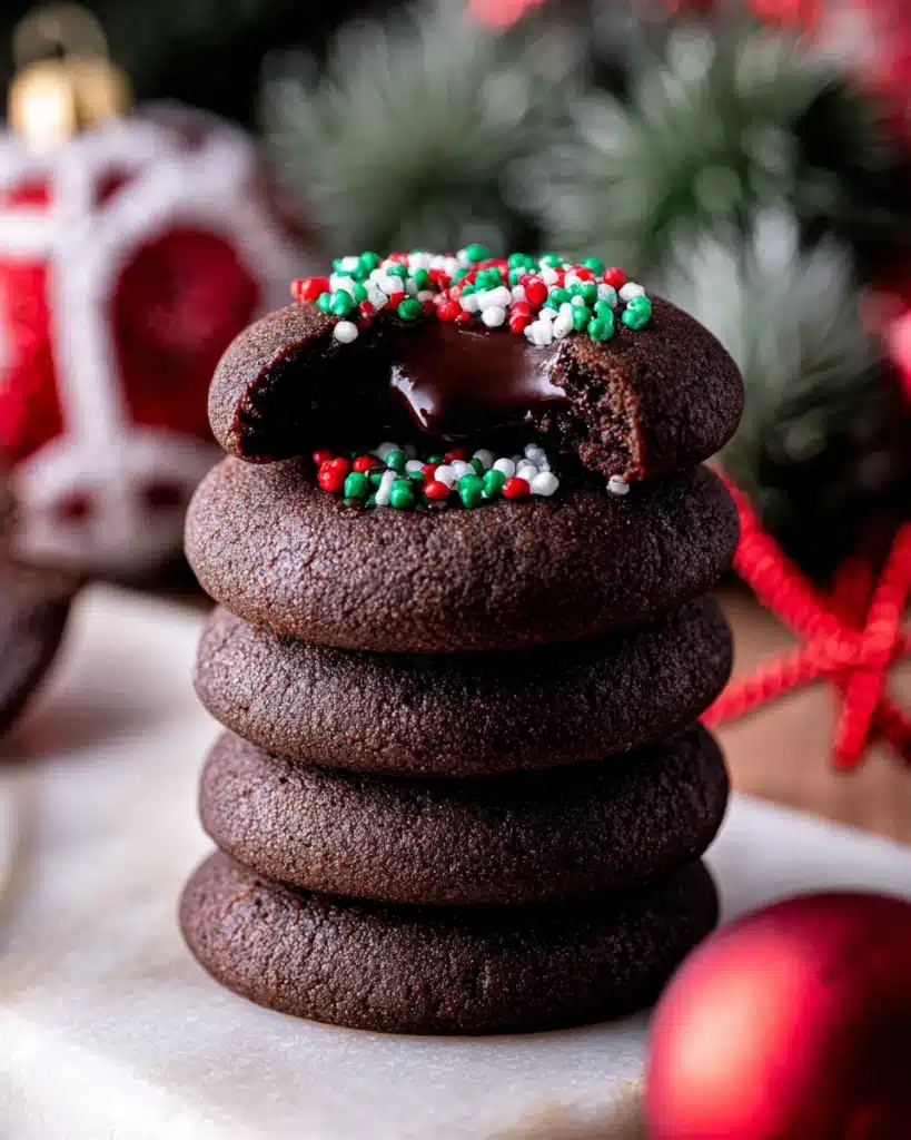 Chocolate Thumbprint Cookies 10 Stack of chocolate thumbprint cookies with glossy ganache and festive sprinkles