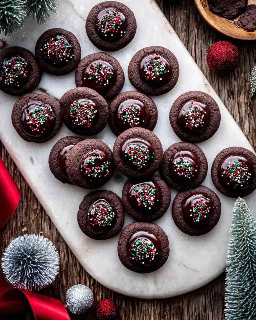 Chocolate Thumbprint Cookies 1 Chocolate thumbprint cookies with glossy ganache and festive sprinkles on a marble board