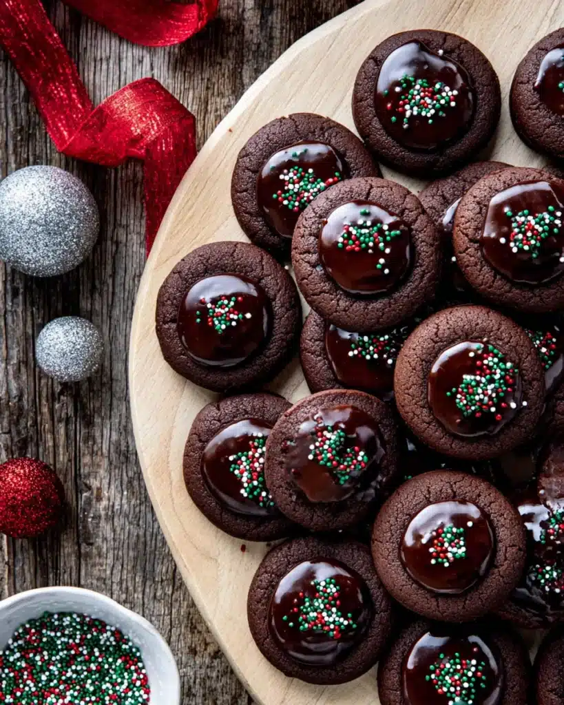 Chocolate Thumbprint Cookies 2 Finished chocolate thumbprint cookies with glossy ganache and festive sprinkles on serving board