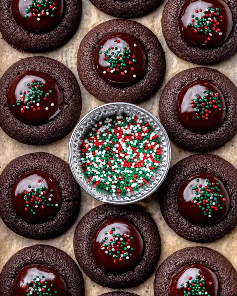 Chocolate Thumbprint Cookies 9 Chocolate thumbprint cookies with ganache and festive sprinkles on baking sheet