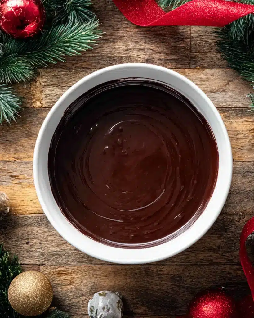 Chocolate Thumbprint Cookies 8 Bowl of smooth glossy chocolate ganache for thumbprint cookies