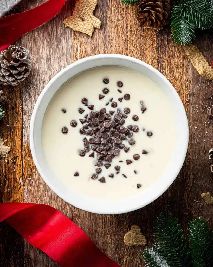 Chocolate Thumbprint Cookies 7 Warm cream and chocolate chips in a bowl for cookie ganache