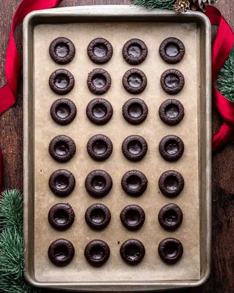Chocolate Thumbprint Cookies 5 Chocolate thumbprint cookie dough balls with indents on baking sheet