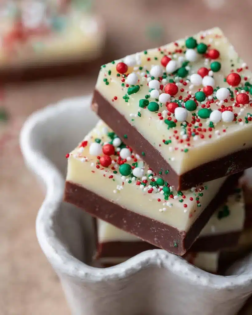 Christmas Fudge Recipe 7 Christmas fudge squares stacked in a white dish with festive sprinkles