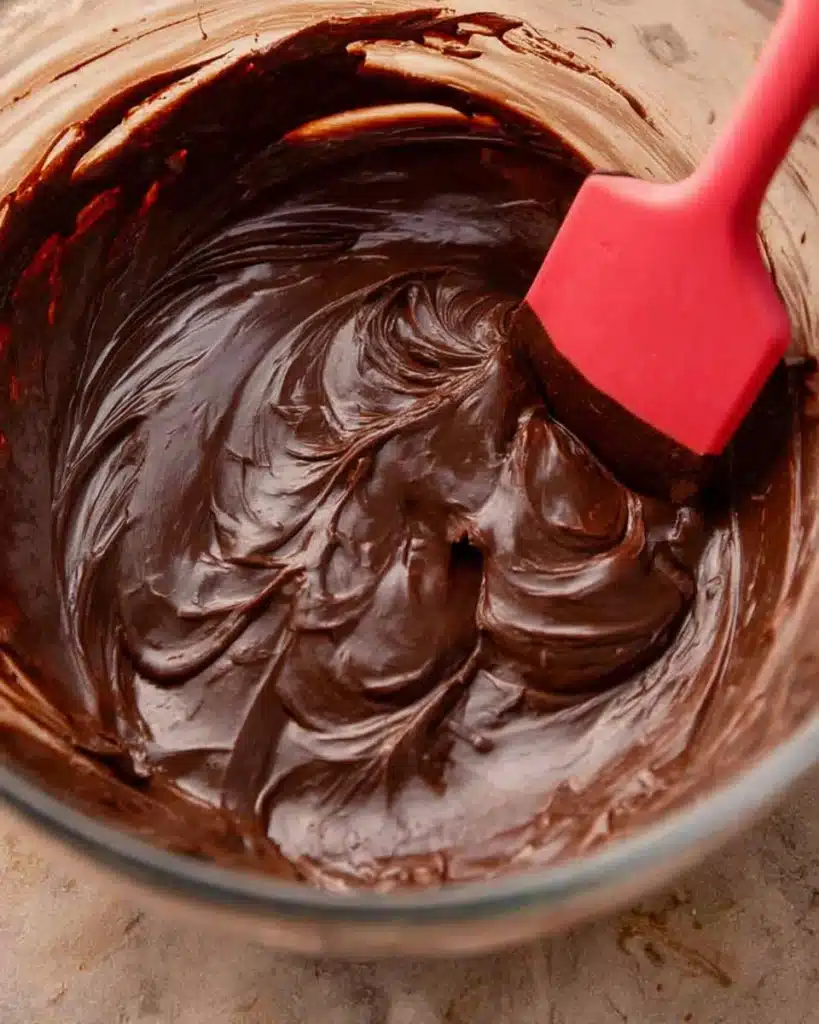 Christmas Fudge Recipe 2 Melted semi-sweet chocolate fudge being stirred with a red spatula