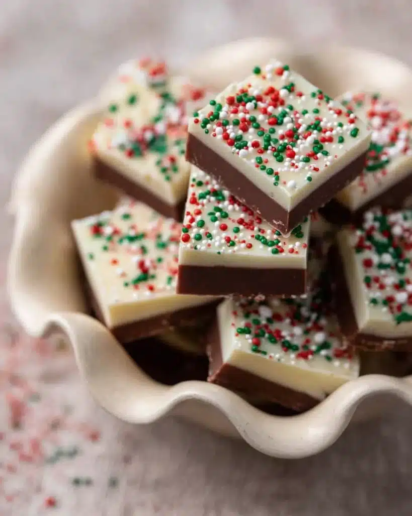 Christmas Fudge Recipe 1 Christmas Fudge Recipe squares with white chocolate and festive sprinkles in a ceramic dish