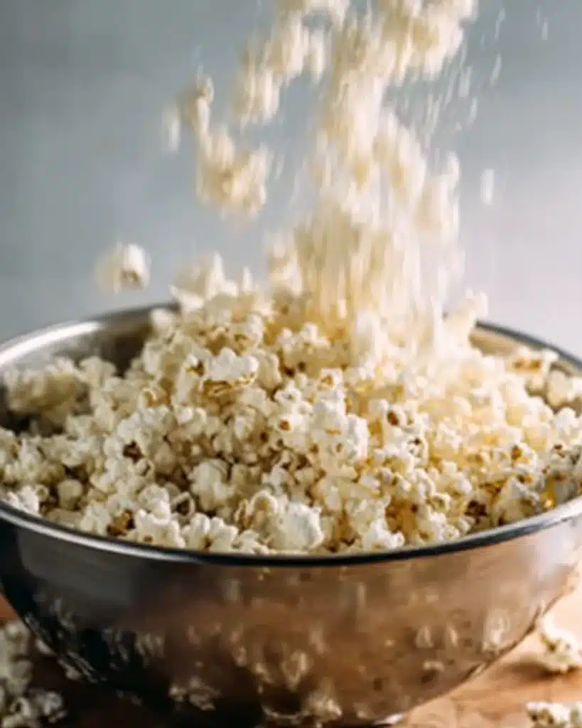Christmas Popcorn Candy 3 Freshly popped popcorn in a metal bowl for Christmas Popcorn Candy