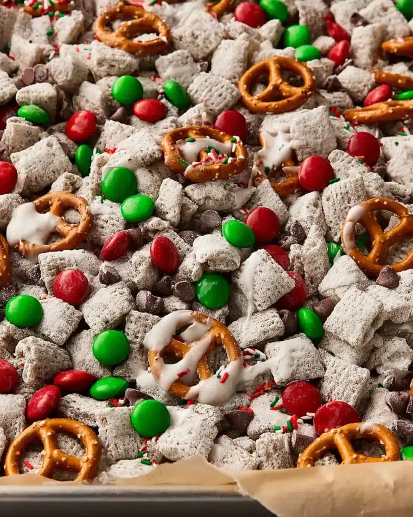 Christmas Puppy Chow (Festive Muddy Buddies) 6 Christmas Puppy Chow mix with M&M’s, pretzels, and chocolate chips on parchment