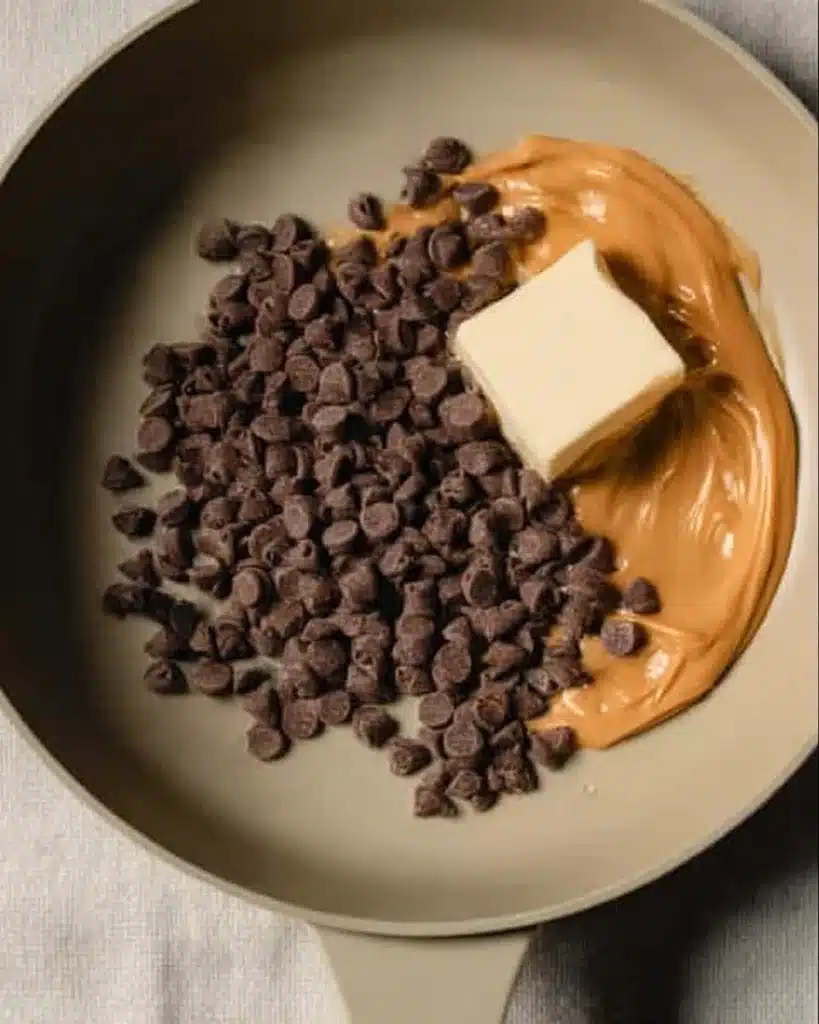 Christmas Puppy Chow (Festive Muddy Buddies) 2 Chocolate chips, peanut butter, and butter in a saucepan for Christmas Puppy Chow